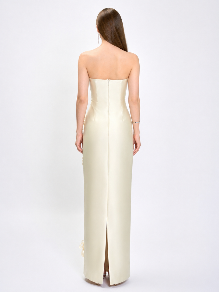 Ivory Strapless Evening Gown with 3D Floral Appliqué – ÉLARA