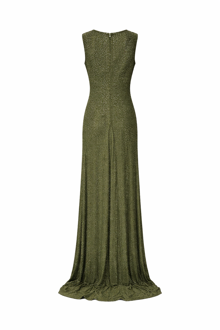 sleeveless maxi dress with draped cowl neckline and crystal embellishment – VERDA
