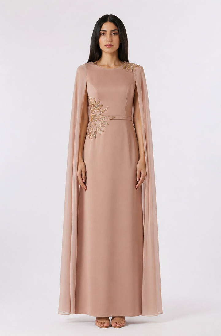 Nude Embellished Cape Gown – LUMIÈRE