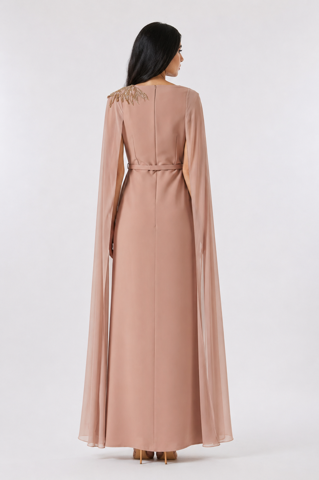 Nude Embellished Cape Gown – LUMIÈRE