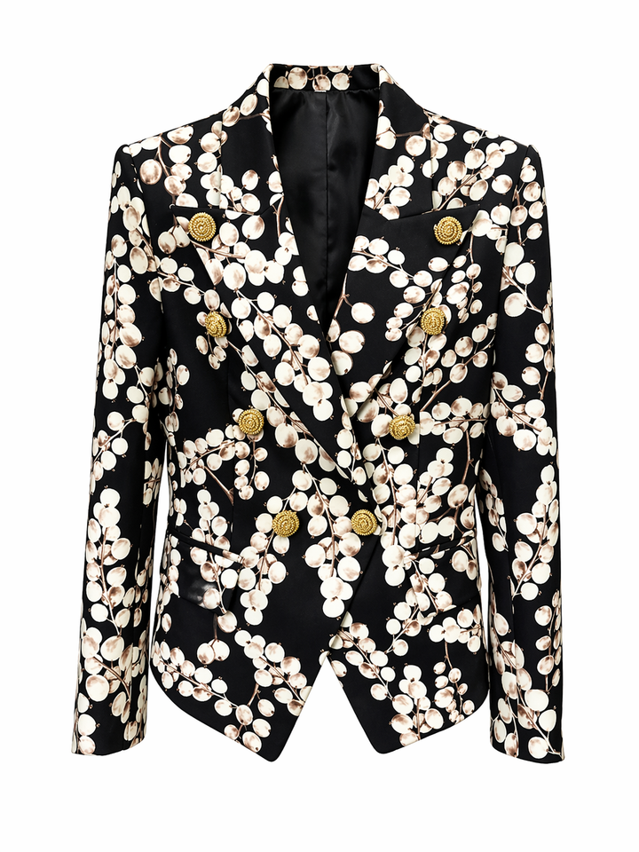 Black Floral Print Blazer and Straight-Leg Pants Set with Gold Button Detail - FLORENTIA