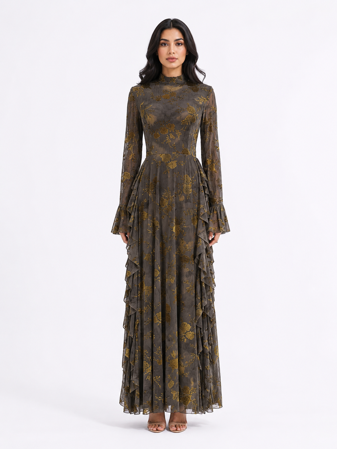 Floral Jacquard Ruffle Maxi Dress - Taupe