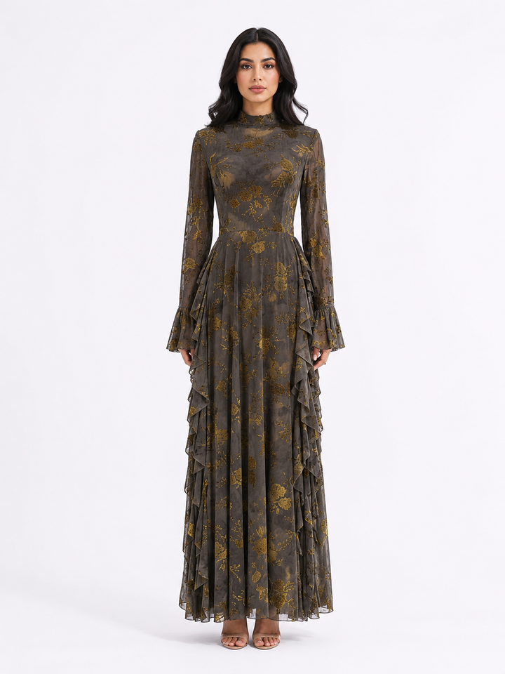 Floral Jacquard Ruffle Maxi Dress - Taupe