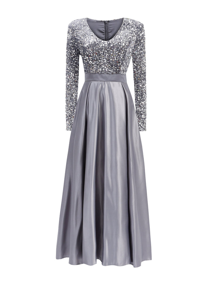 long-sleeve sequin bodice satin maxi dress – SILVÉRA