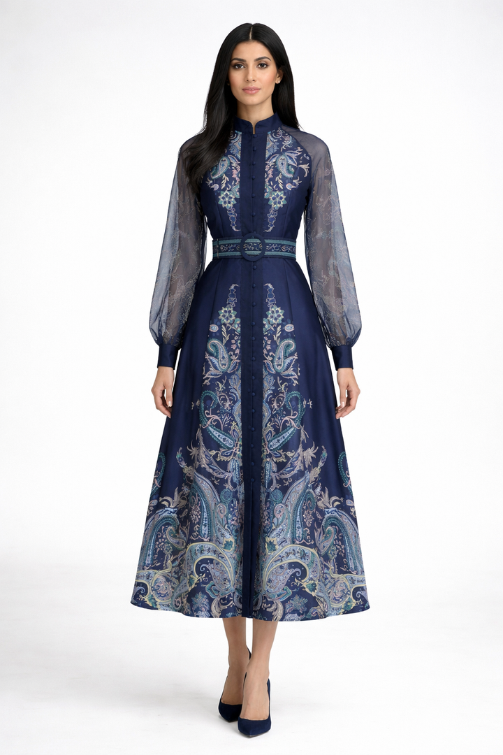 long sleeve paisley print dress with sheer sleeves and belted waist – NOIR