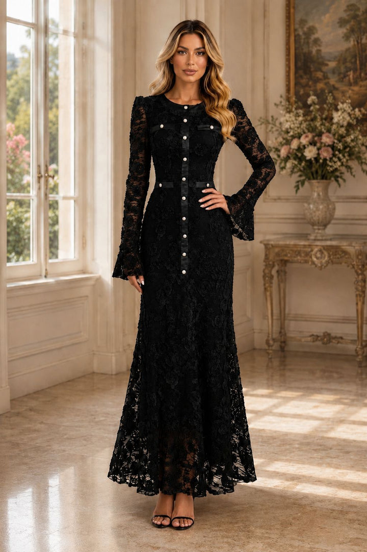 Floral Lace Mermaid Maxi Dress - Noir