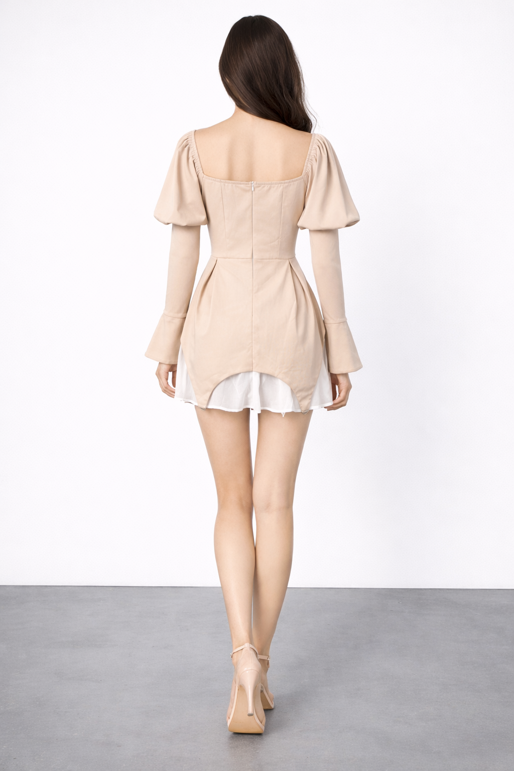 Beige Corset Puff Sleeve Mini Dress-TIAMON
