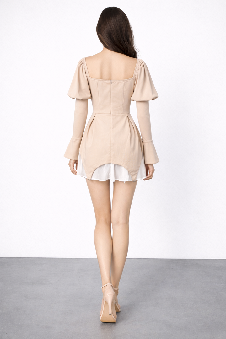 Beige Corset Puff Sleeve Mini Dress-TIAMON