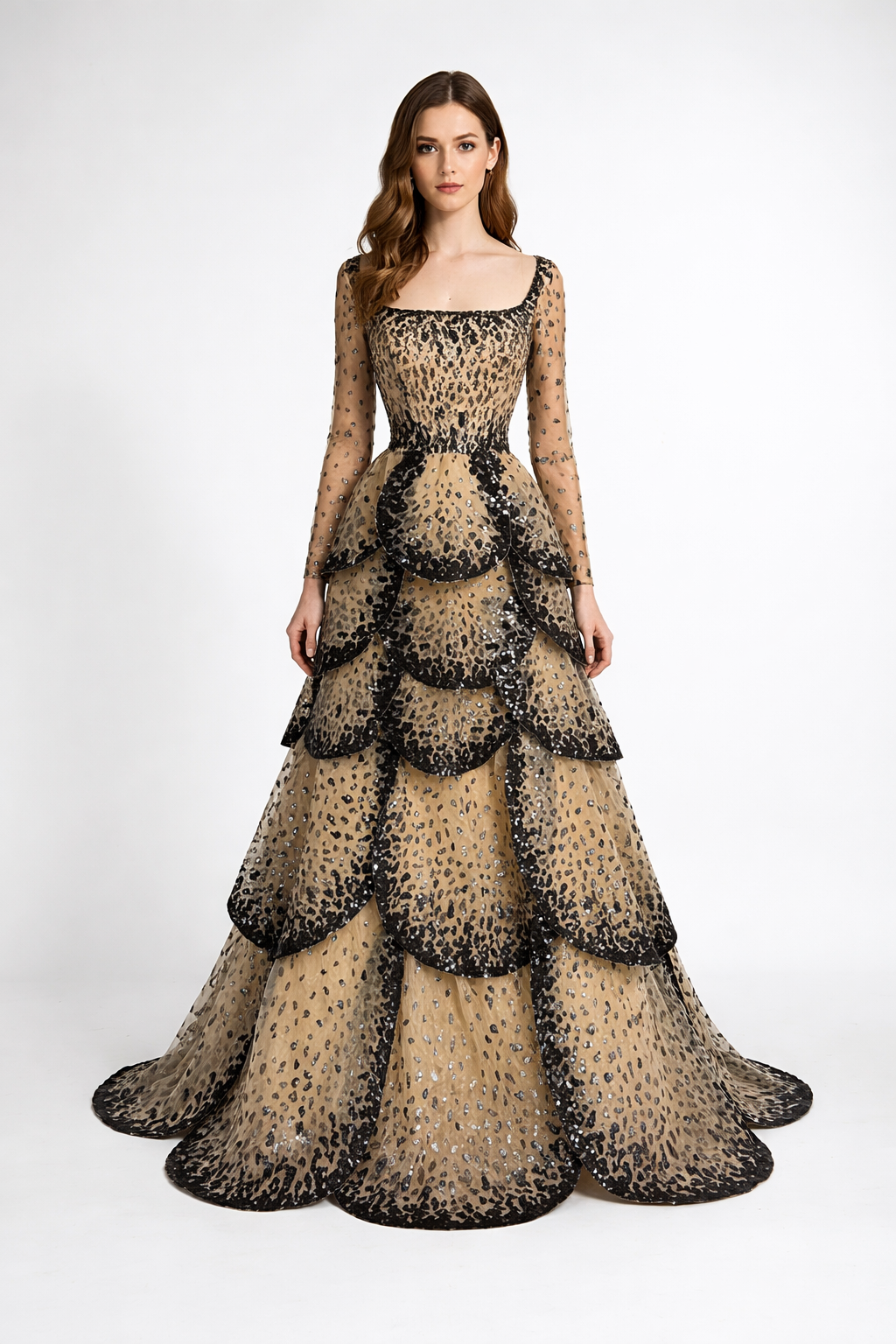 long sleeve ball gown with layered leopard sequin skirt – SAVANNA