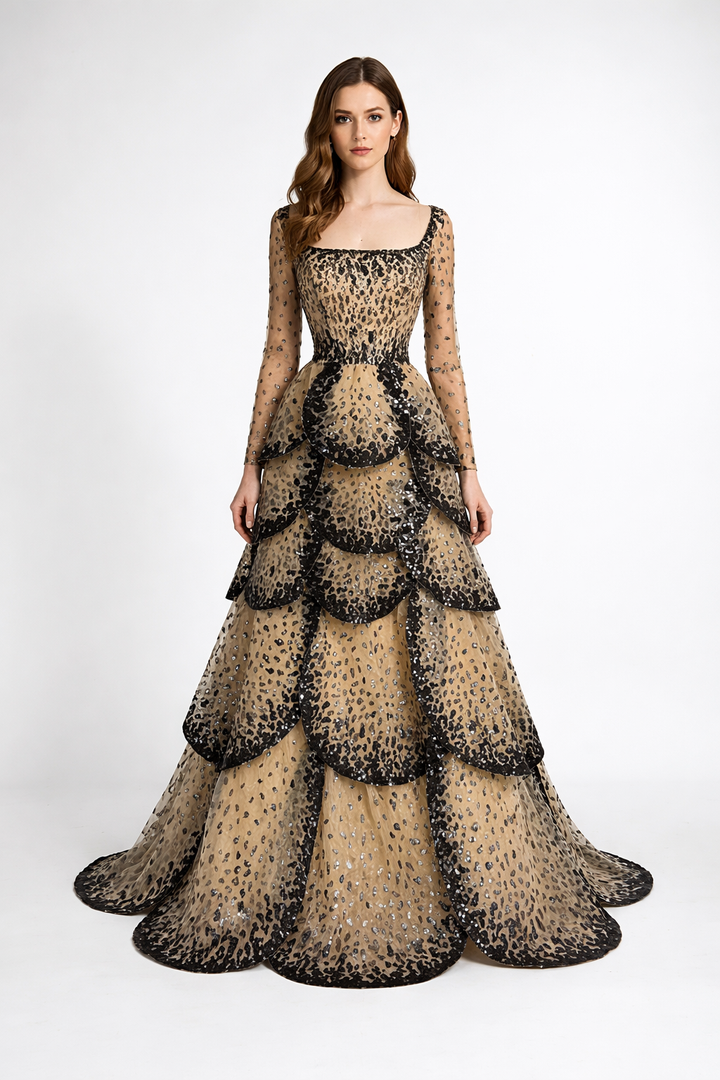 long sleeve ball gown with layered leopard sequin skirt – SAVANNA