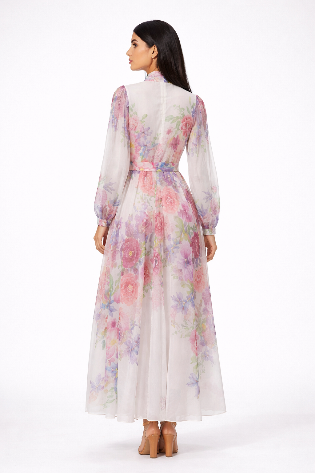 long sleeve floral chiffon dress with neck tie and belted waist – BLOSSOM