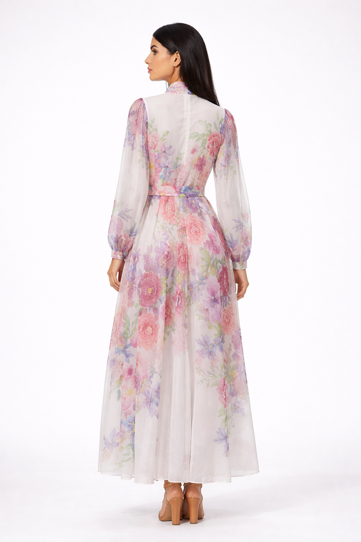 long sleeve floral chiffon dress with neck tie and belted waist – BLOSSOM
