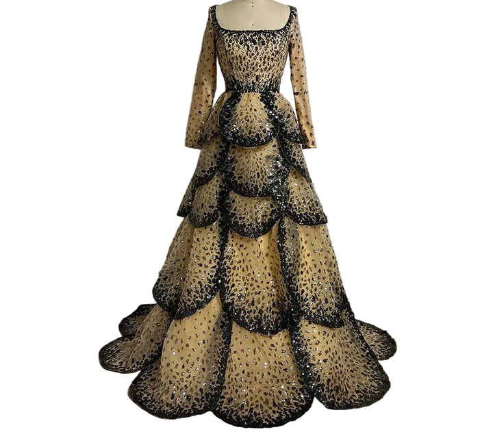 long sleeve ball gown with layered leopard sequin skirt – SAVANNA