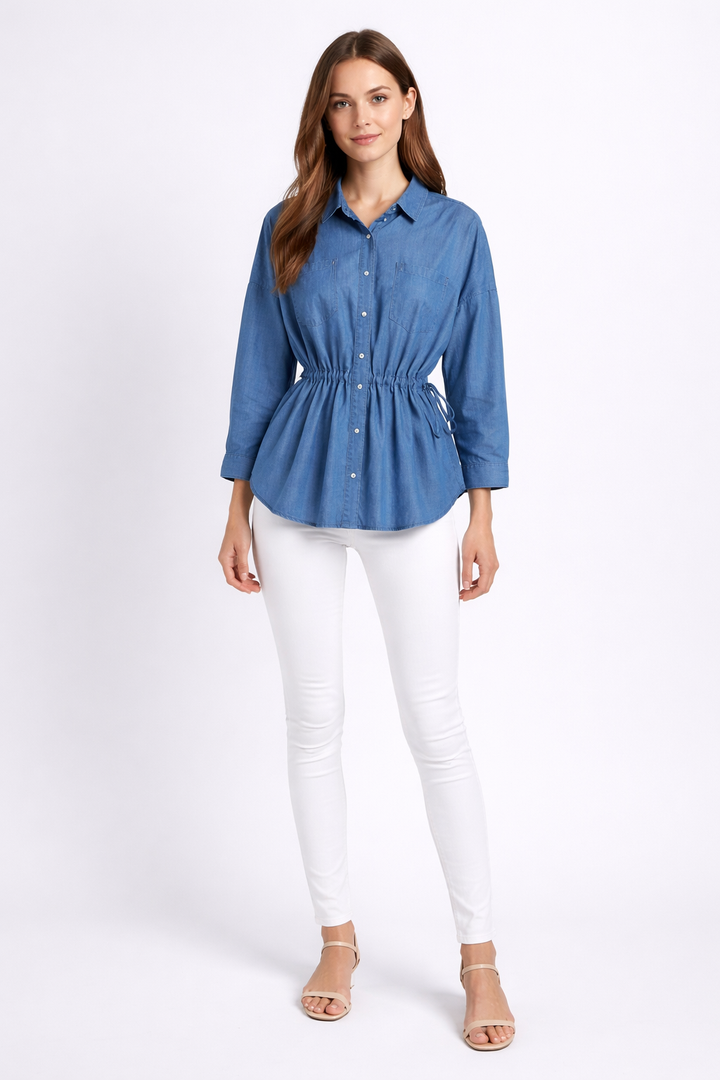 Drawstring Waist Denim Shirt-SCULPT