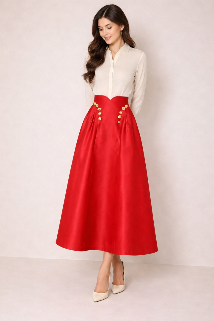high-waisted midi skirt with gold button detail – ICON