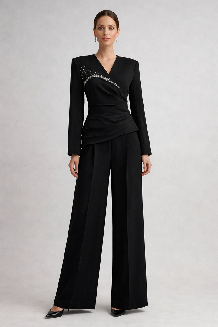 long sleeve wrap top with embellished neckline and wide-leg pants set – IVORIA