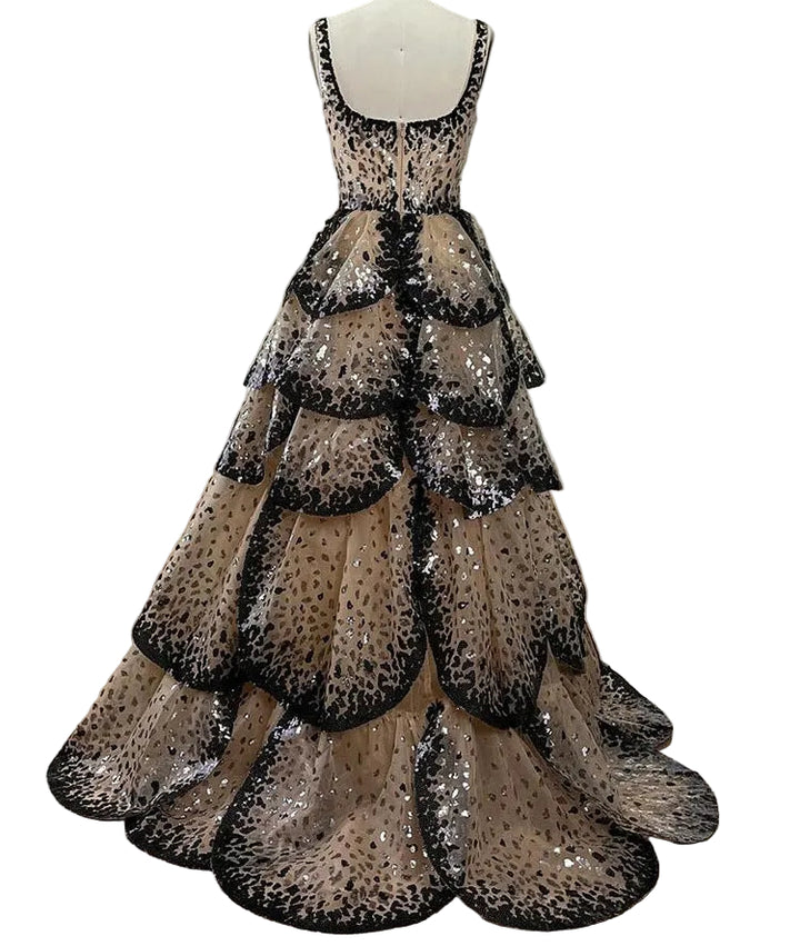 long sleeve ball gown with layered leopard sequin skirt – SAVANNA