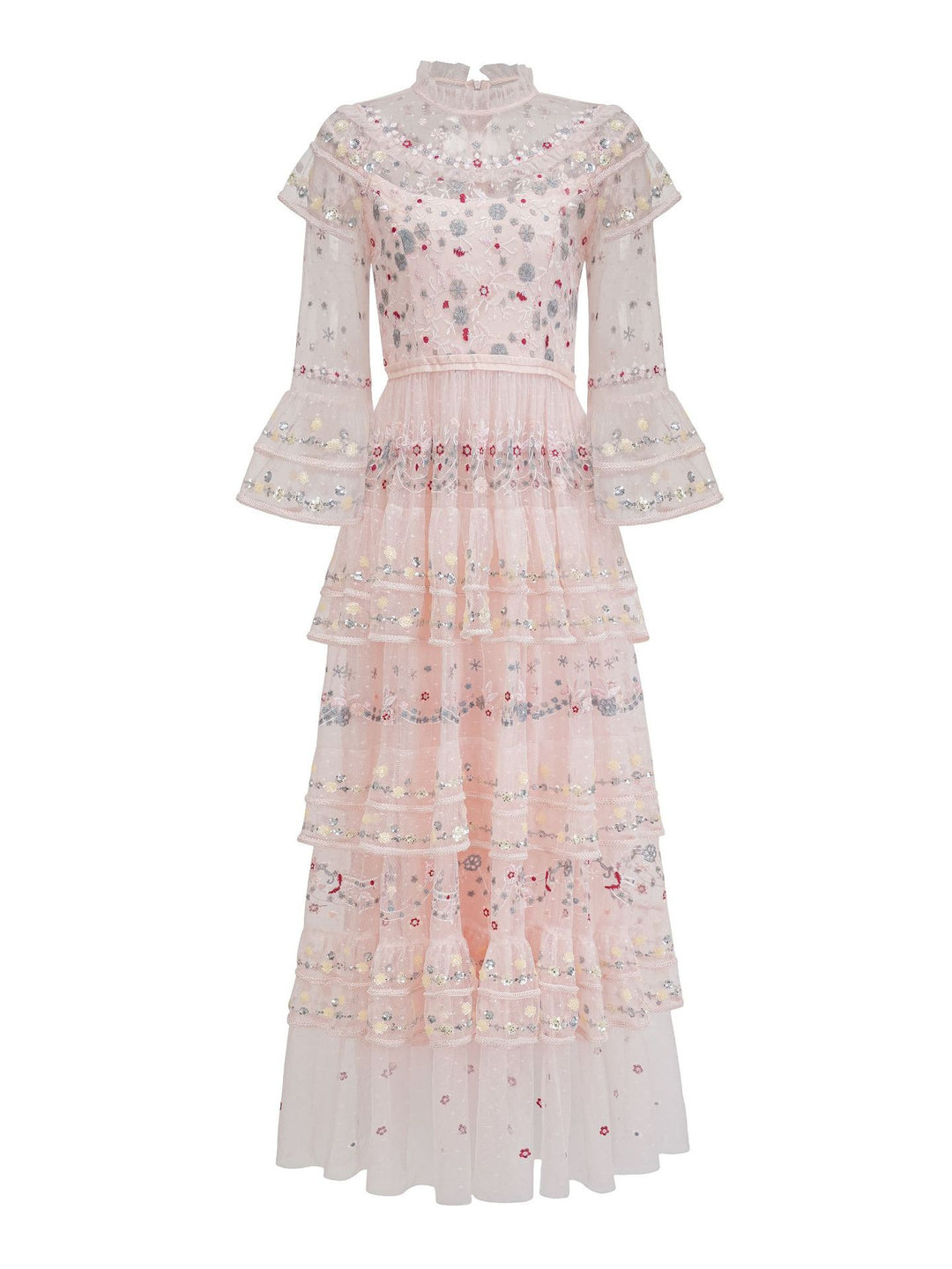 high-neck embroidered tulle maxi dress with layered ruffles – BLUSH