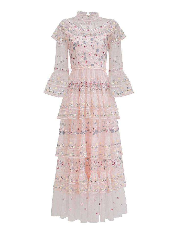 high-neck embroidered tulle maxi dress with layered ruffles – BLUSH