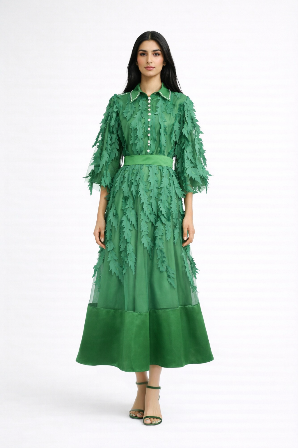 long sleeve chiffon dress with 3D leaf appliqué and belted waist – VIOLET