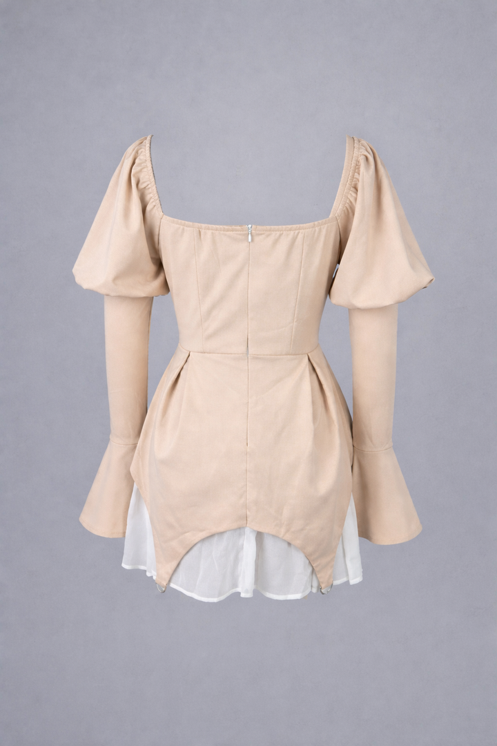Beige Corset Puff Sleeve Mini Dress-TIAMON
