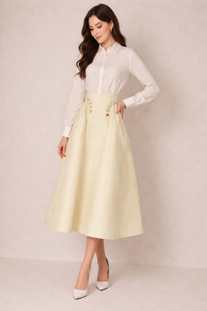 high-waisted midi skirt with gold button detail – ICON
