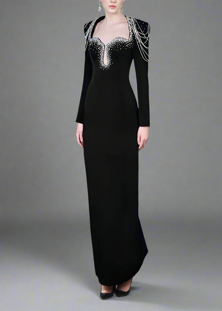Long-Sleeve Column Dress with Beaded Shoulder Chains - ASTRA