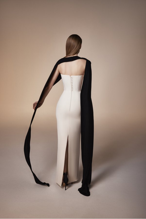 Strapless column gown with contrast cape – Ranen