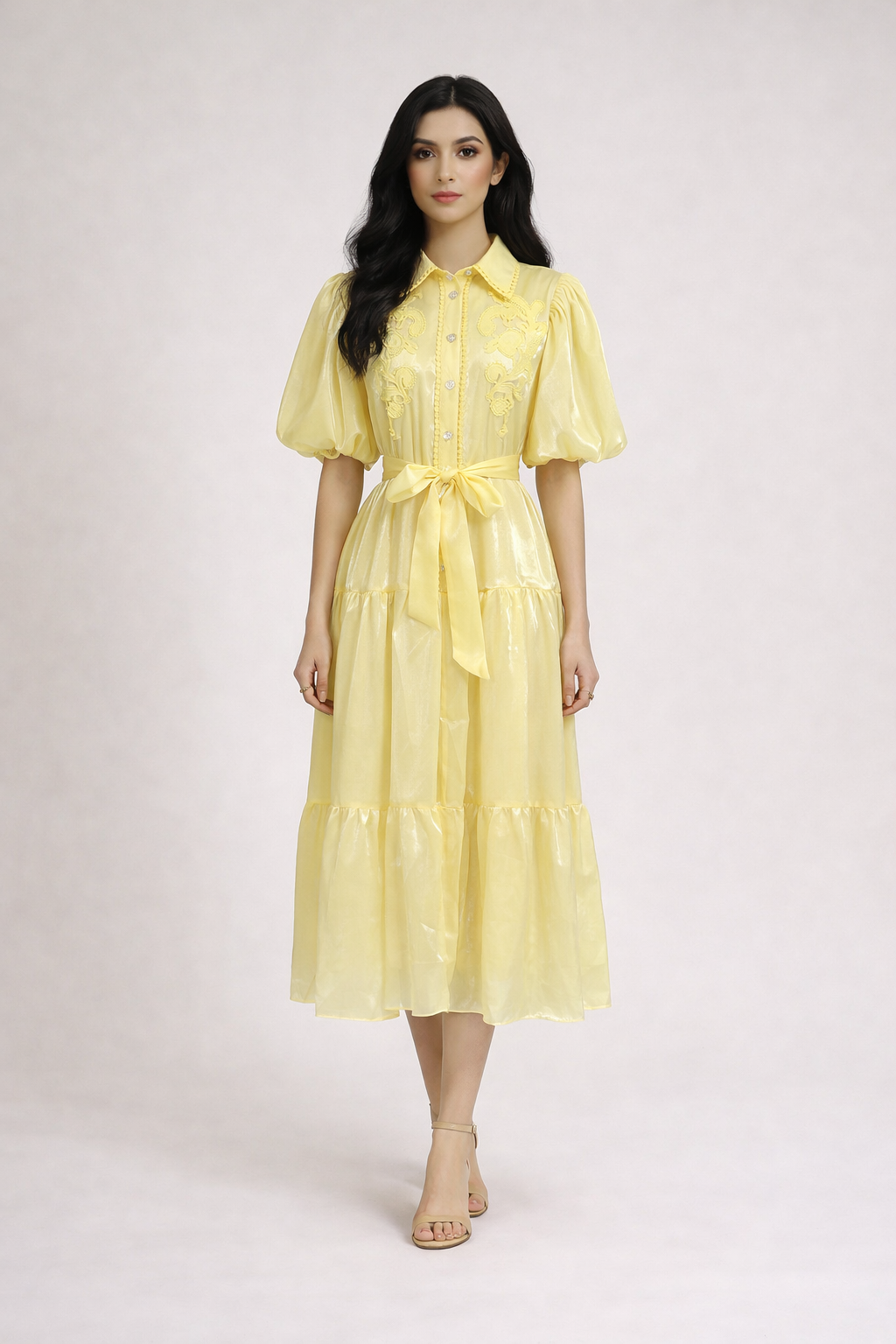 puff sleeve shirt midi dress with embroidered bodice and belt – OLIVIA