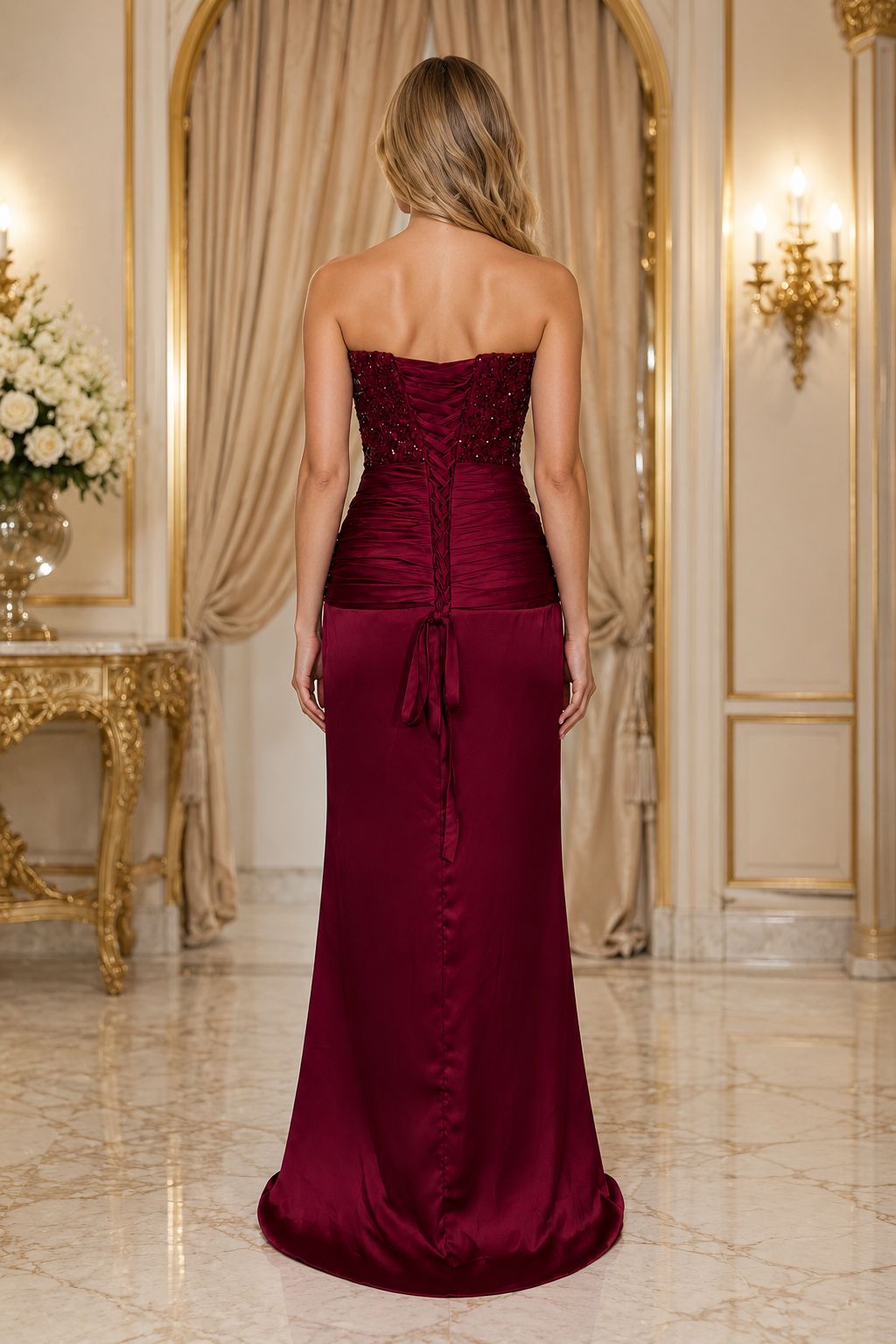 Sequin Satin Evening Gown - Ruby