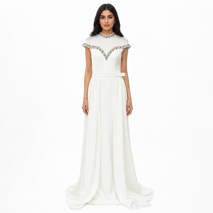 White Crystal Embellished Chiffon Gown – Grace