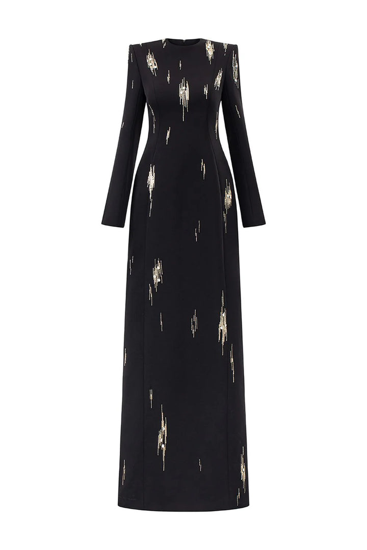 Long-Sleeve Column Dress with Metallic Embellishments - STELLAR-1