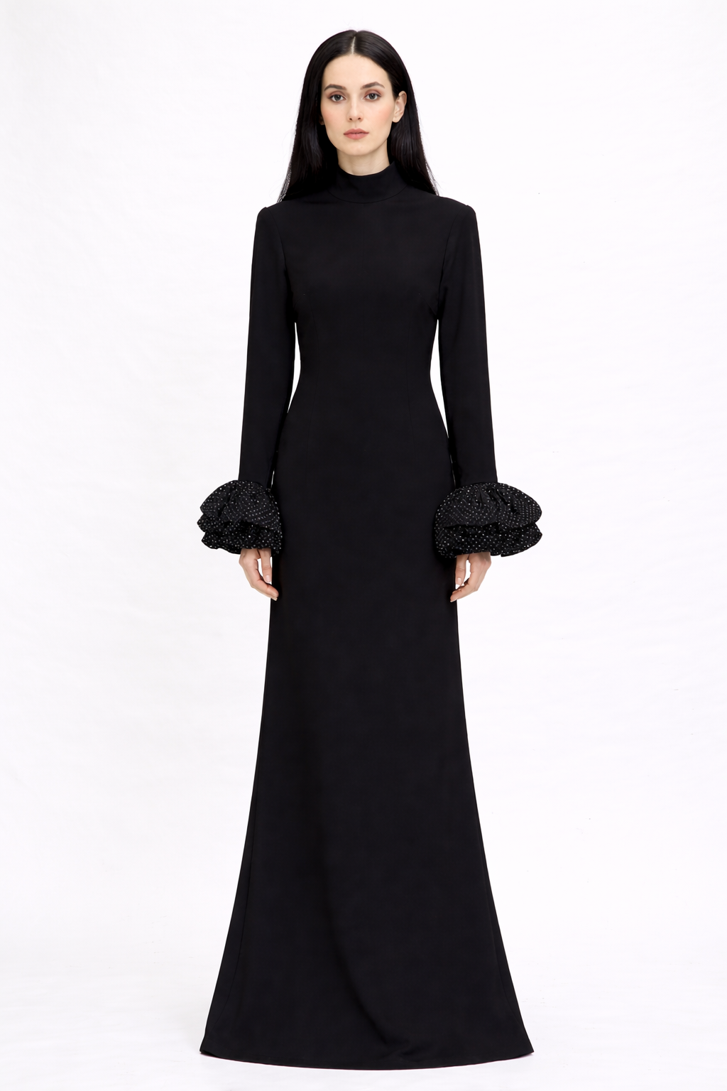 high-neck long sleeve maxi dress with ruffle cuffs – LUMINA