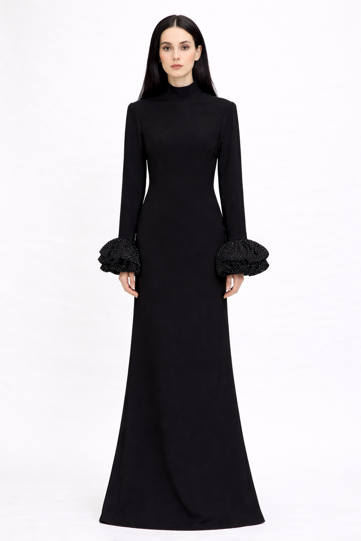 high-neck long sleeve maxi dress with ruffle cuffs – LUMINA
