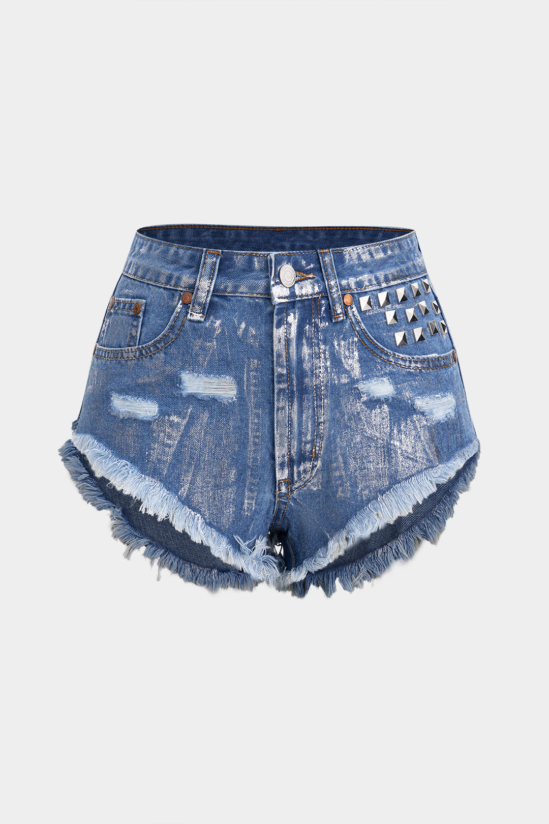 Denim Metallic High Waist Studded Shorts