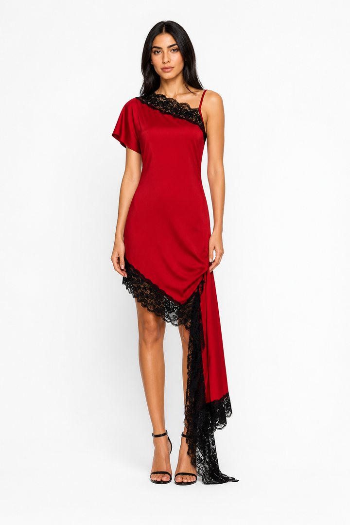One-Shoulder Lace Detail Asymmetric Dress – SCARLET