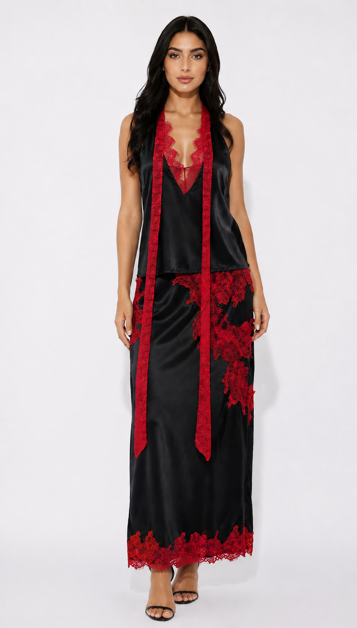 Lace Trim Satin Maxi Dress - Elegance