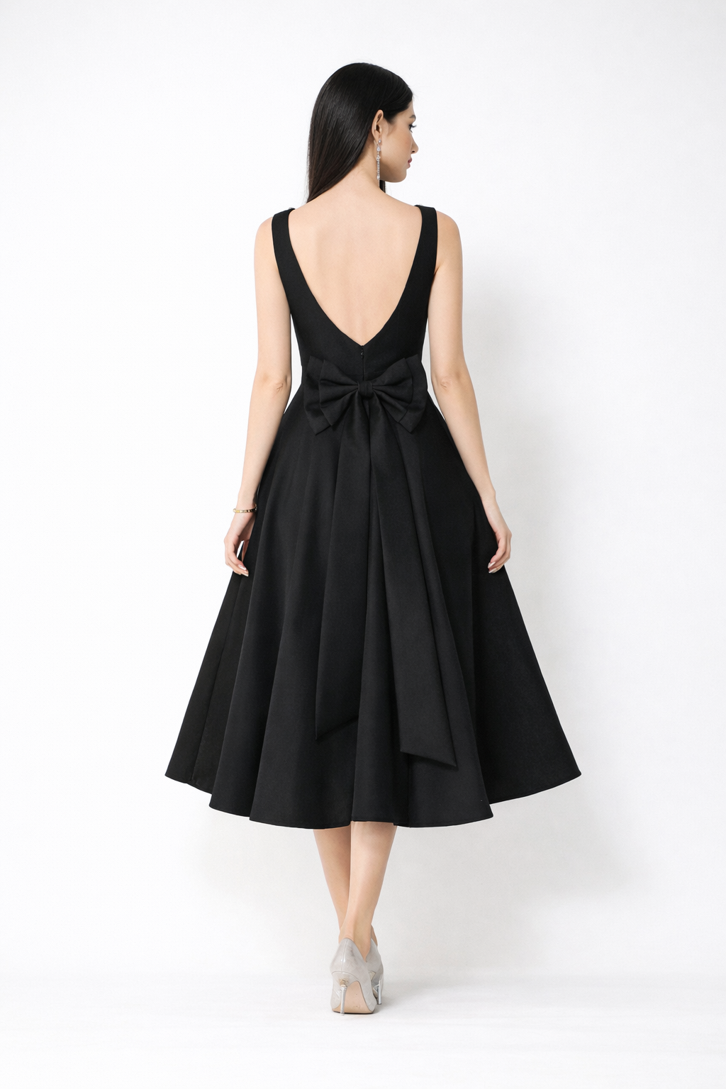 sleeveless A-line midi dress with side bow detail – PEARL