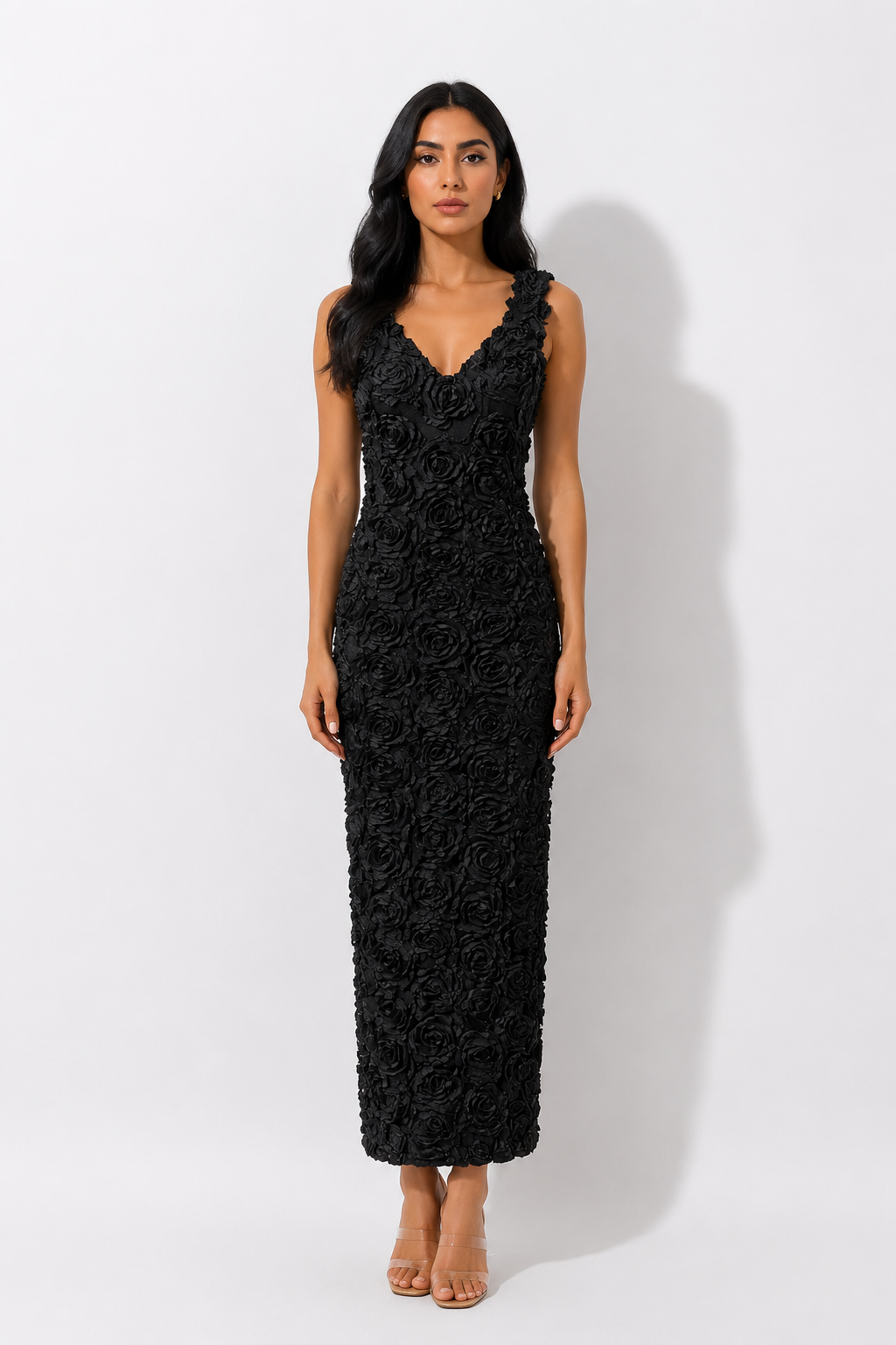 3D Floral V-Neck Midi Dress - Blossom