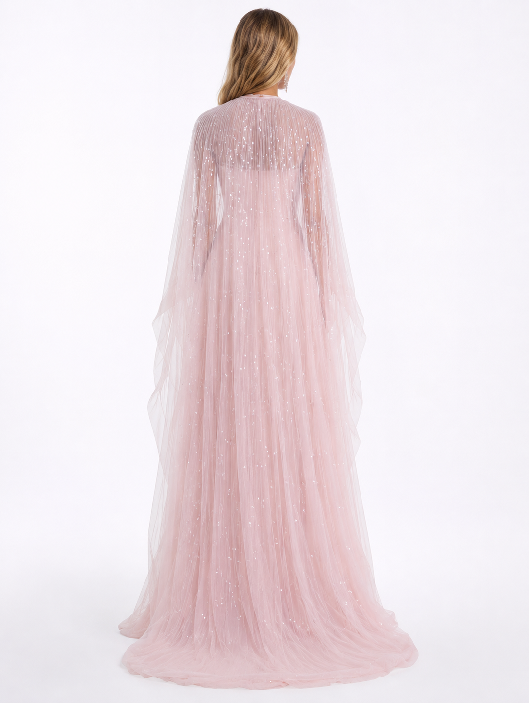 Ruched Cape Sequin Gown - Blush