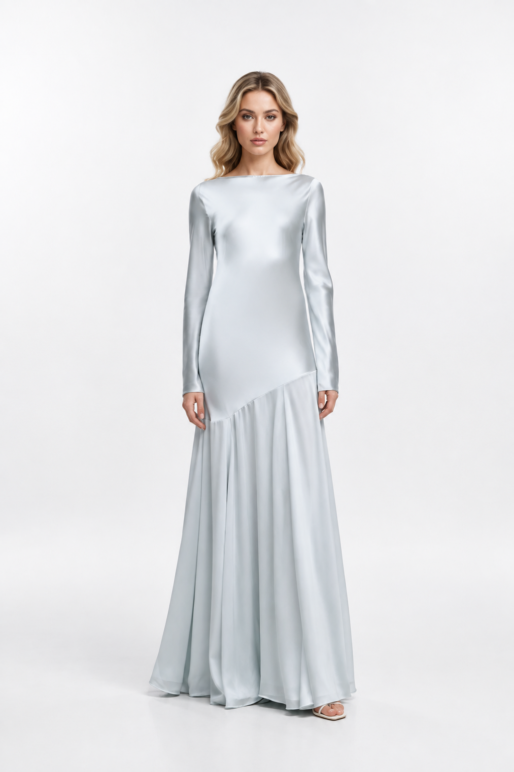 Ice Blue Satin Long-Sleeve Gown – Glacia