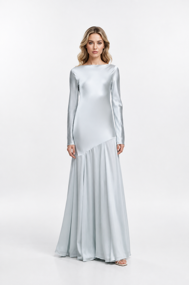 Ice Blue Satin Long-Sleeve Gown – Glacia