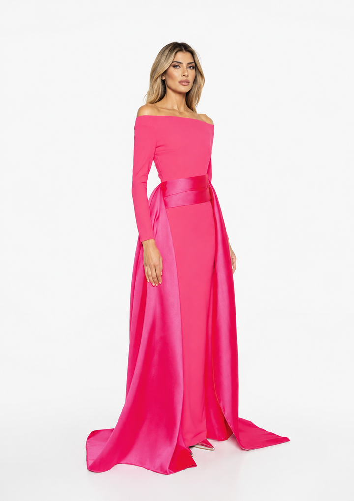 off-shoulder gown with sculpted draped train – Xalee