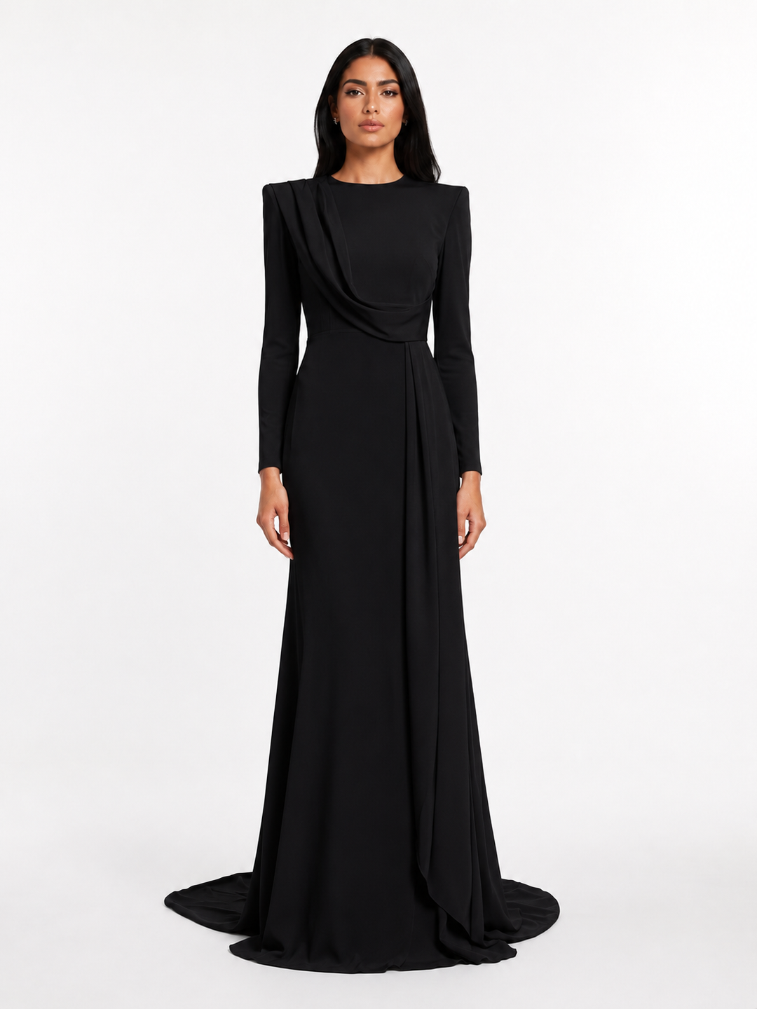 Draped Long Sleeve Maxi Gown - Pearl