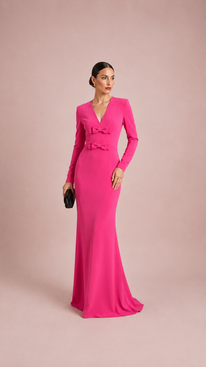 Fuchsia Bow-Detail Long Sleeve Gown – ROSELLA