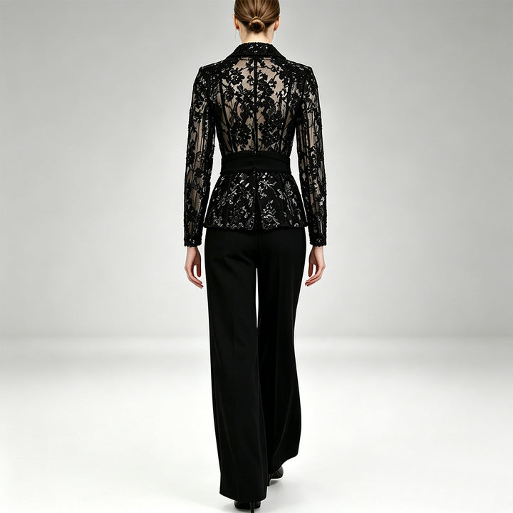 Sequin Lace Blazer & Wide-Leg Pants Set - Noir