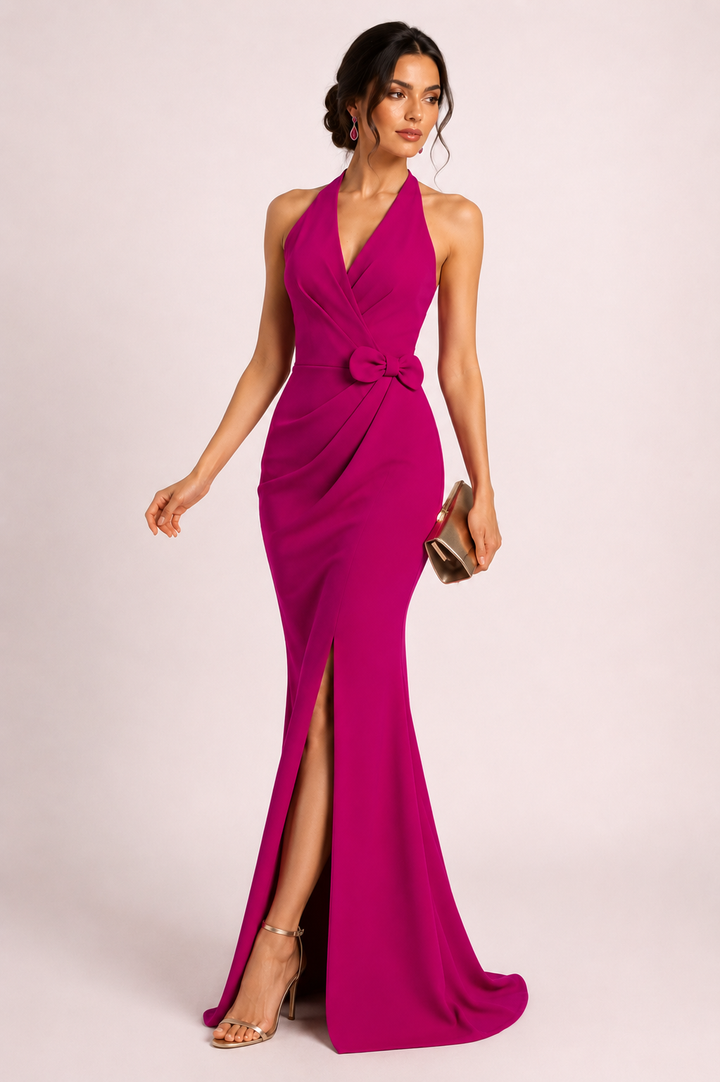 Fuchsia Halter Bow Mermaid Gown – MAGENTA