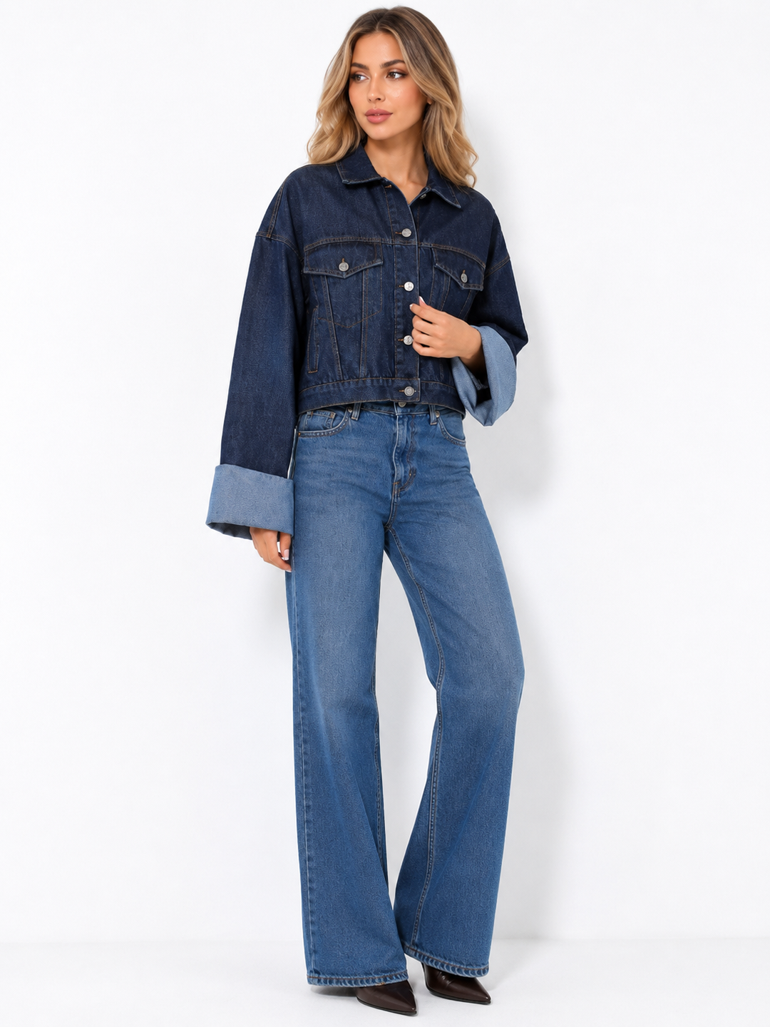 Cuffed Cropped Denim Jacket - Classic