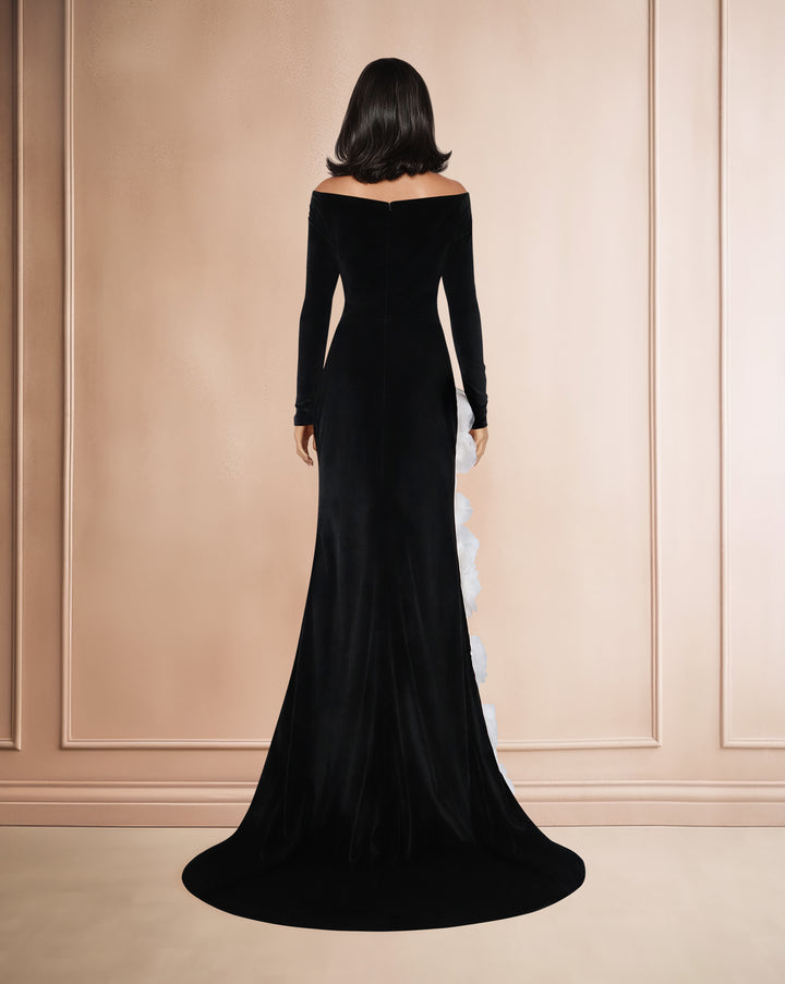 Shoulder-off column dress with 3D flowers and a train