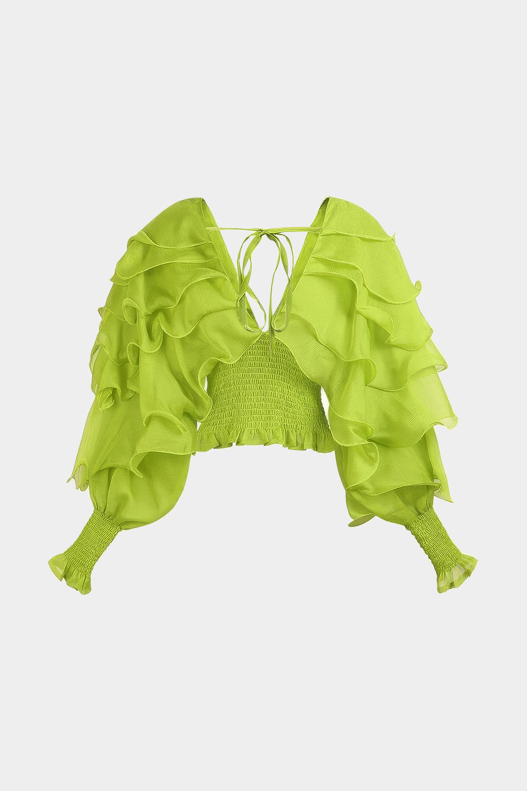 Chiffon Scallop Edge Shirred Tie-Up Gigot Sleeve Long-Sleeve Shirt